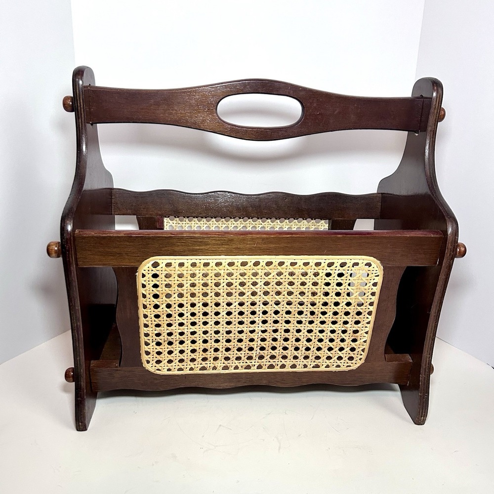 Vintage MCM Wood And Cane Rattan Magazine Record Rack Holder